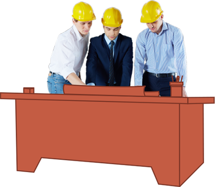 Três pessoas analisam um projeto de construção, debruçados em cima do desenho do contorno de uma mesa de escritório.